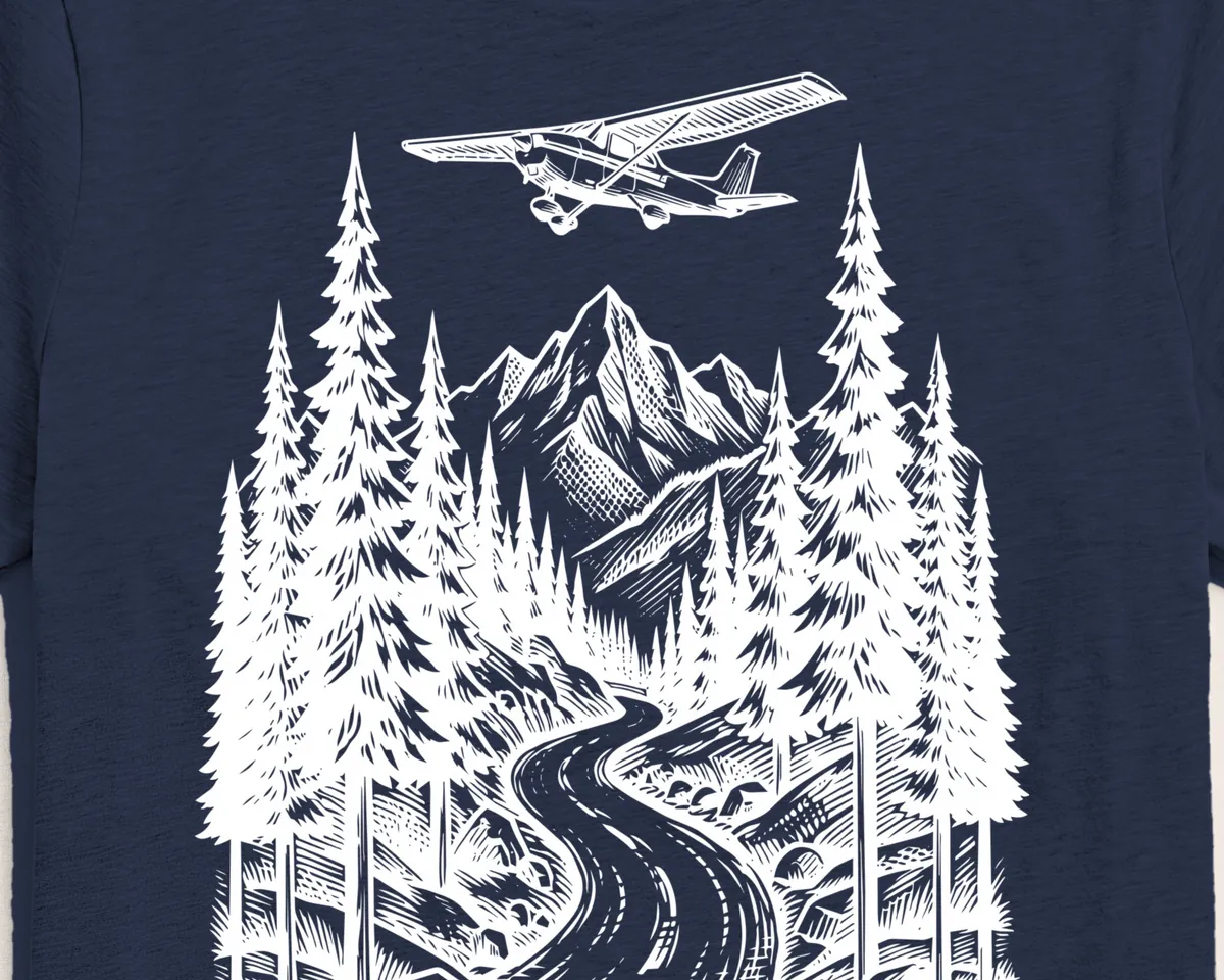Close up of the high wing and pine tree line art on the Mountains shirt