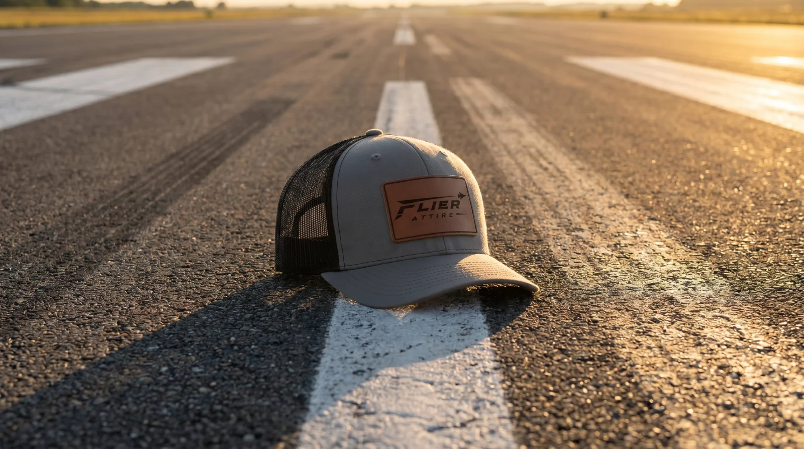 The Signature trucker hat resting on a sunlit runway centerline at golden hour.