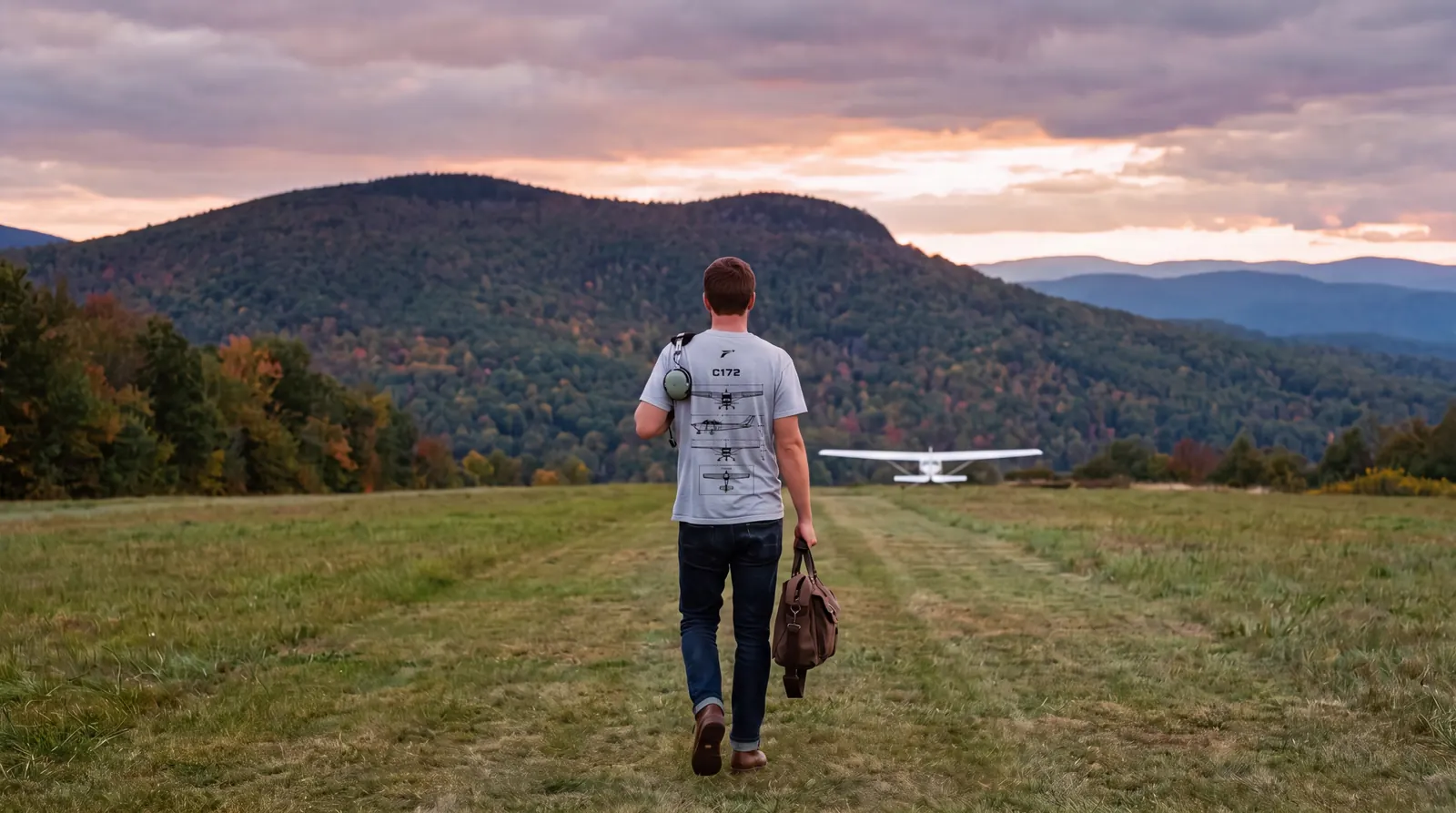 Pilot walking up a mown grass airstrip toward a forested mountain, flight bag in hand and headset over the shoulder, the black C172 blueprint print filling the back of the light grey shirt