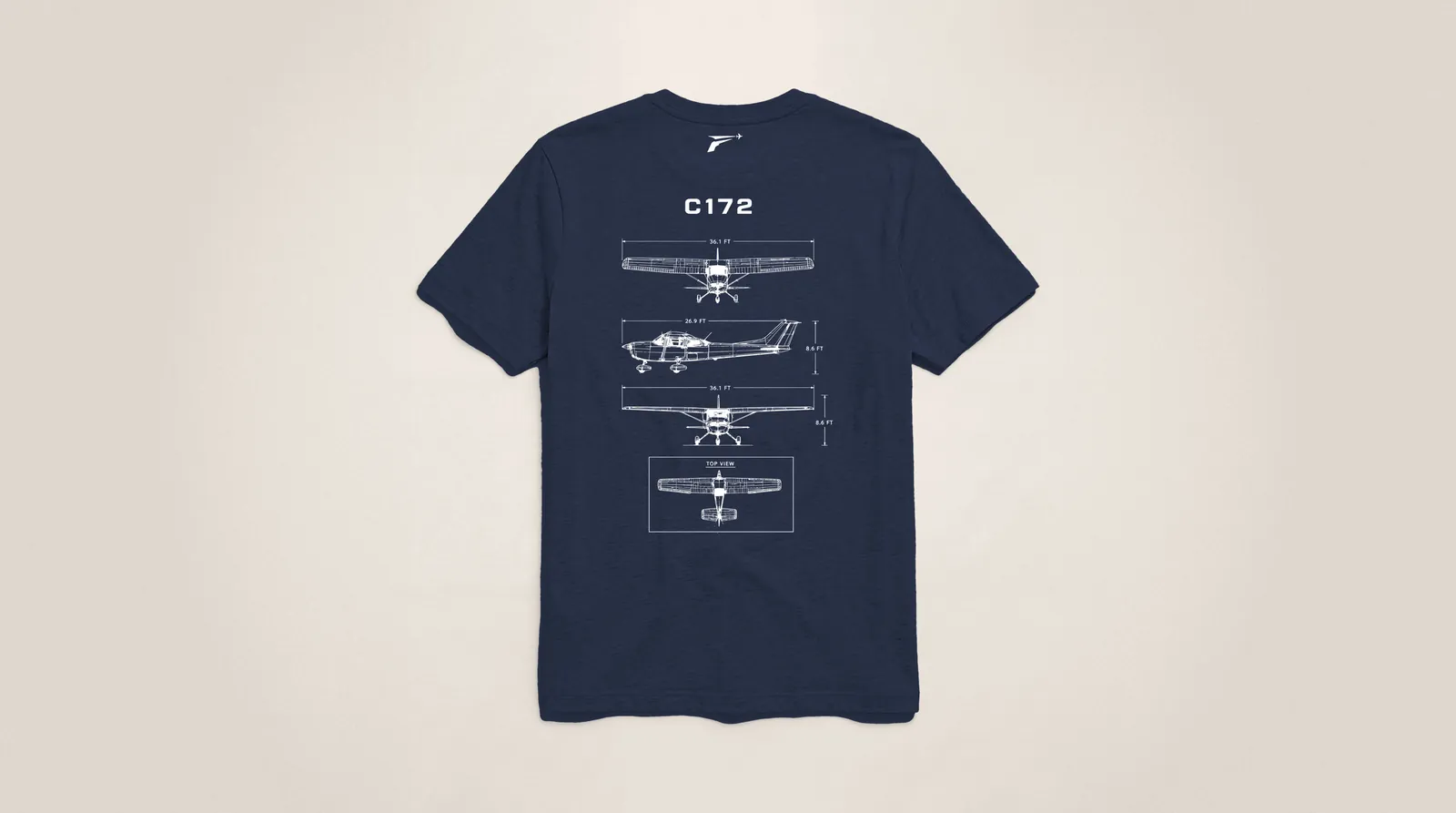 The C172 shirt in navy, back view with the white C172 blueprint print