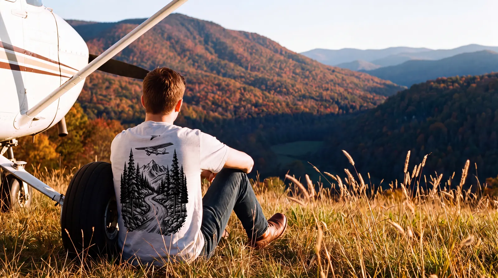 Pilot sitting in tall grass beside the main wheel of a high wing trainer looking across a mountain valley, back to the camera, wearing the Mountains shirt in light grey