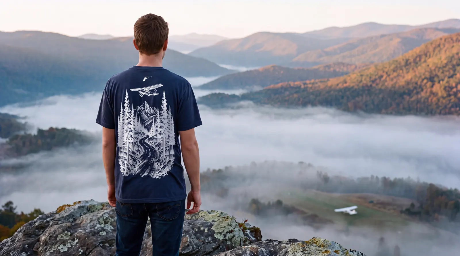 Pilot on a rocky overlook above a valley filled with morning fog, back to the camera, the white Mountains print filling the back of the navy shirt